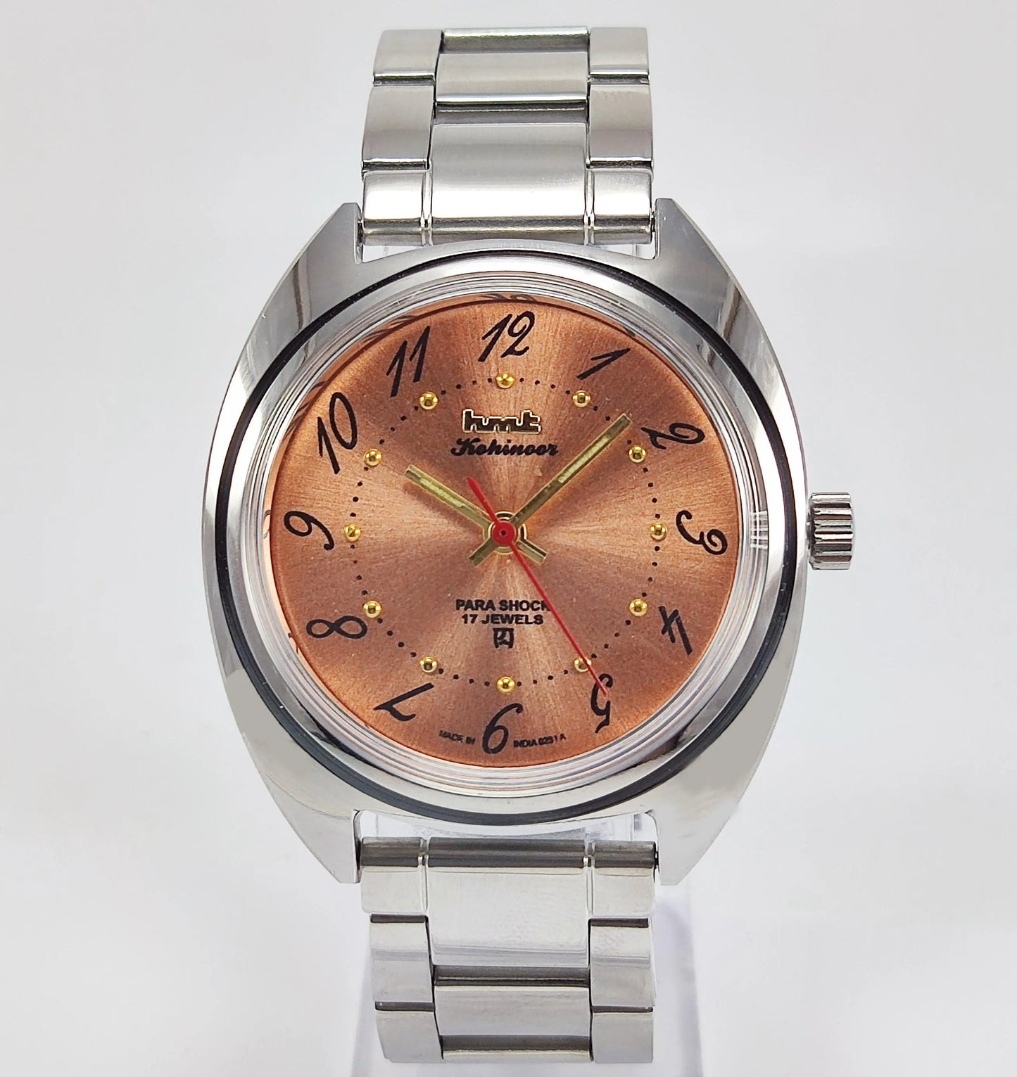 HMT Kohinoor Para Shock 17 Jewels Orange Dial Transparent Back Mechanical Hand winding Men's Wrist Watch - Discover-Diamonds