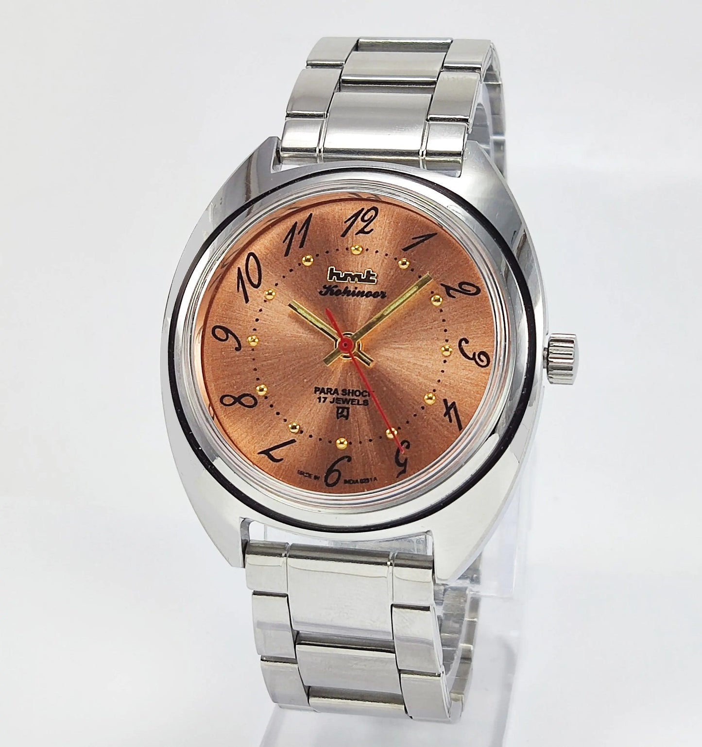 HMT Kohinoor Para Shock 17 Jewels Orange Dial Transparent Back Mechanical Hand winding Men's Wrist Watch - Discover-Diamonds