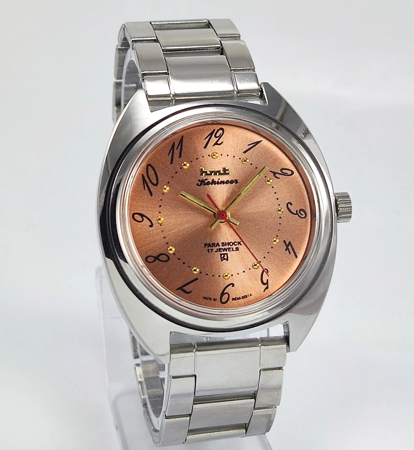 HMT Kohinoor Para Shock 17 Jewels Orange Dial Transparent Back Mechanical Hand winding Men's Wrist Watch - Discover-Diamonds