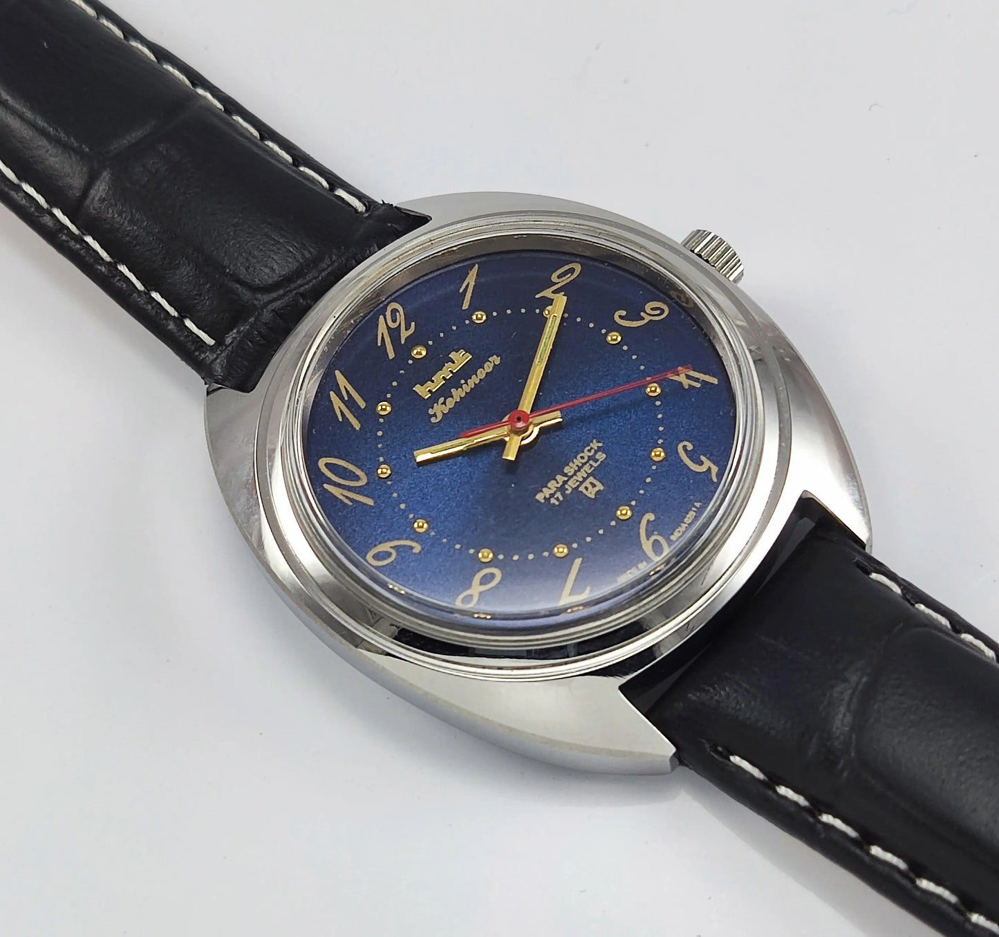 HMT Kohinoor Para Shock 17 Jewels Blue Dial Transparent Back Mechanical Hand winding Men's Wrist Watch - Discover-Diamonds