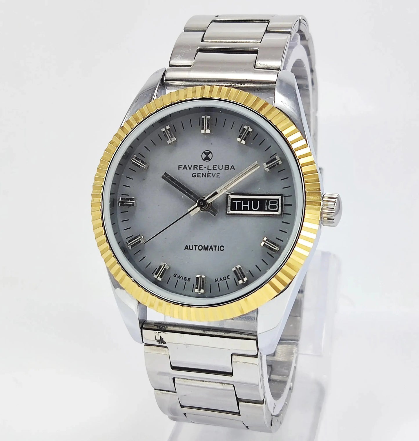 Favre-Leuba Geneve Gray Color Dial Swiss Made 2066 Automatic Movement 17 Jewels Day-Date Golden Bezel Men's Wrist Watch Discover-Diamonds