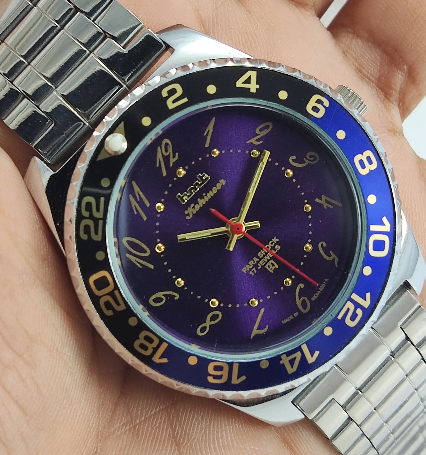 HMT Kohinoor Para Shock 17 Jewels Purple Dial Transparent Back Mechanical Hand winding Men's Wrist Watch Discover-Diamonds