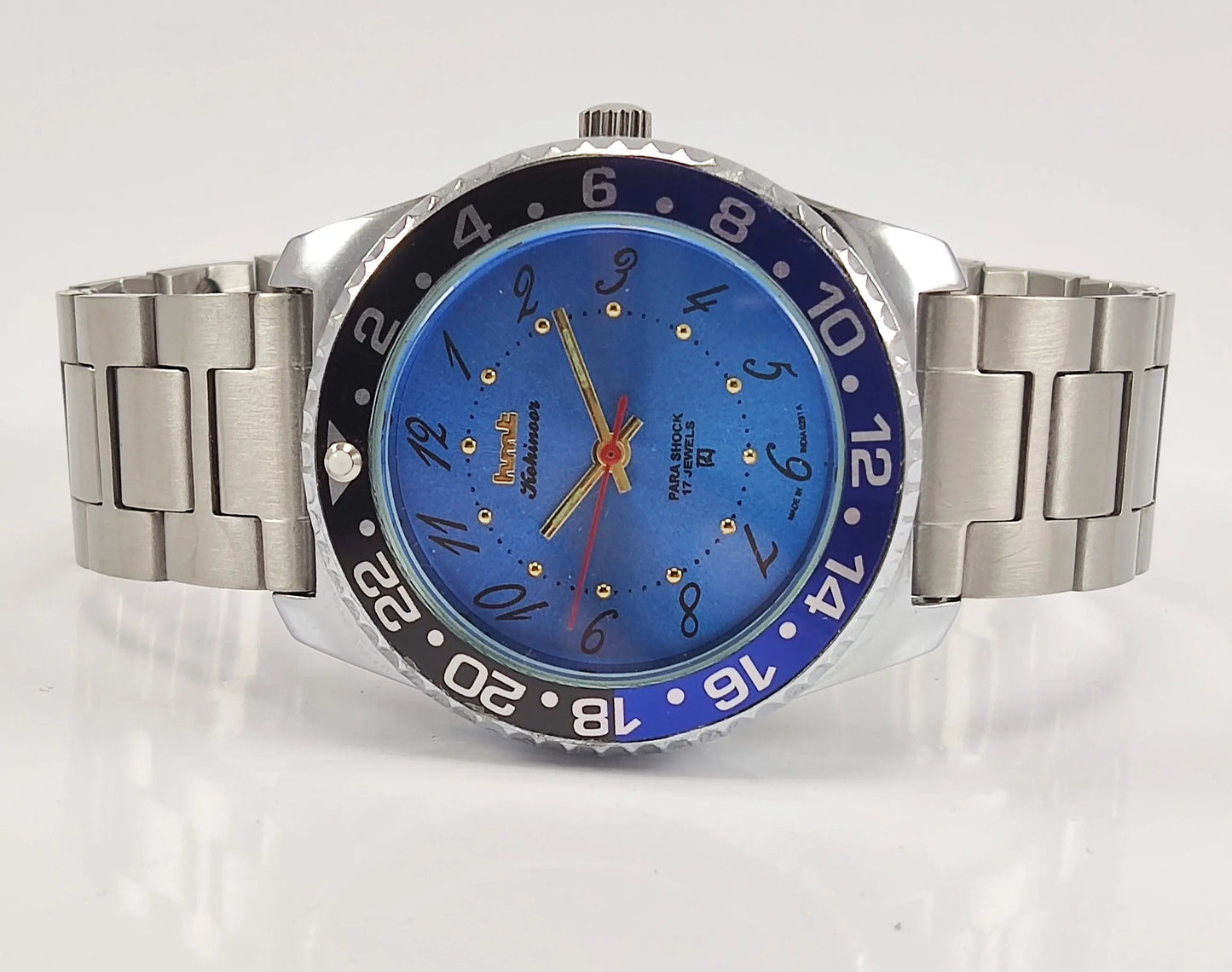 HMT Kohinoor Para Shock 17 Jewels Blue Dial Transparent Back Mechanical Hand winding Men's Wrist Watch Discover-Diamonds