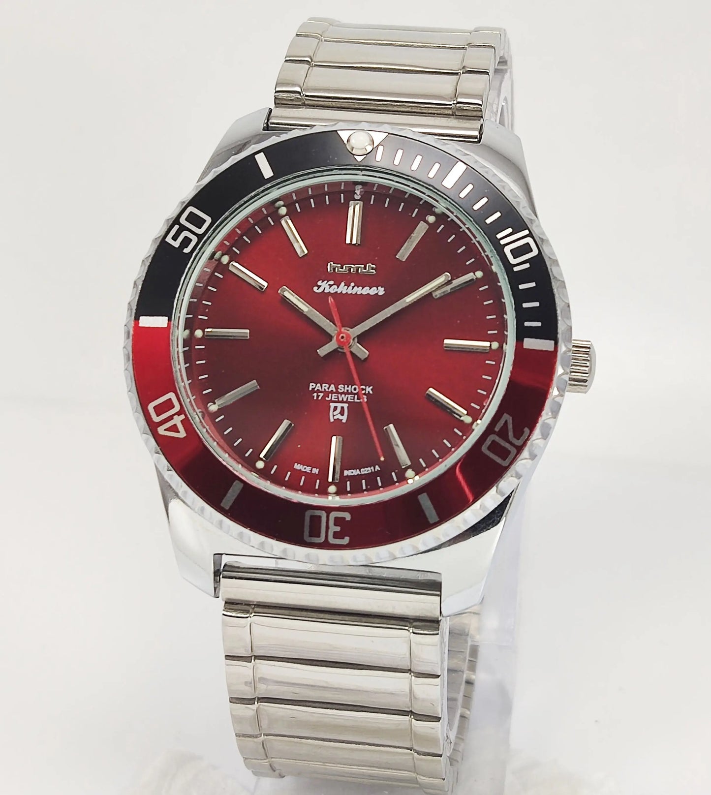 HMT Kohinoor Para Shock 17 Jewels Red Dial Transparent Back Mechanical Hand winding Men's Wrist Watch Discover-Diamonds