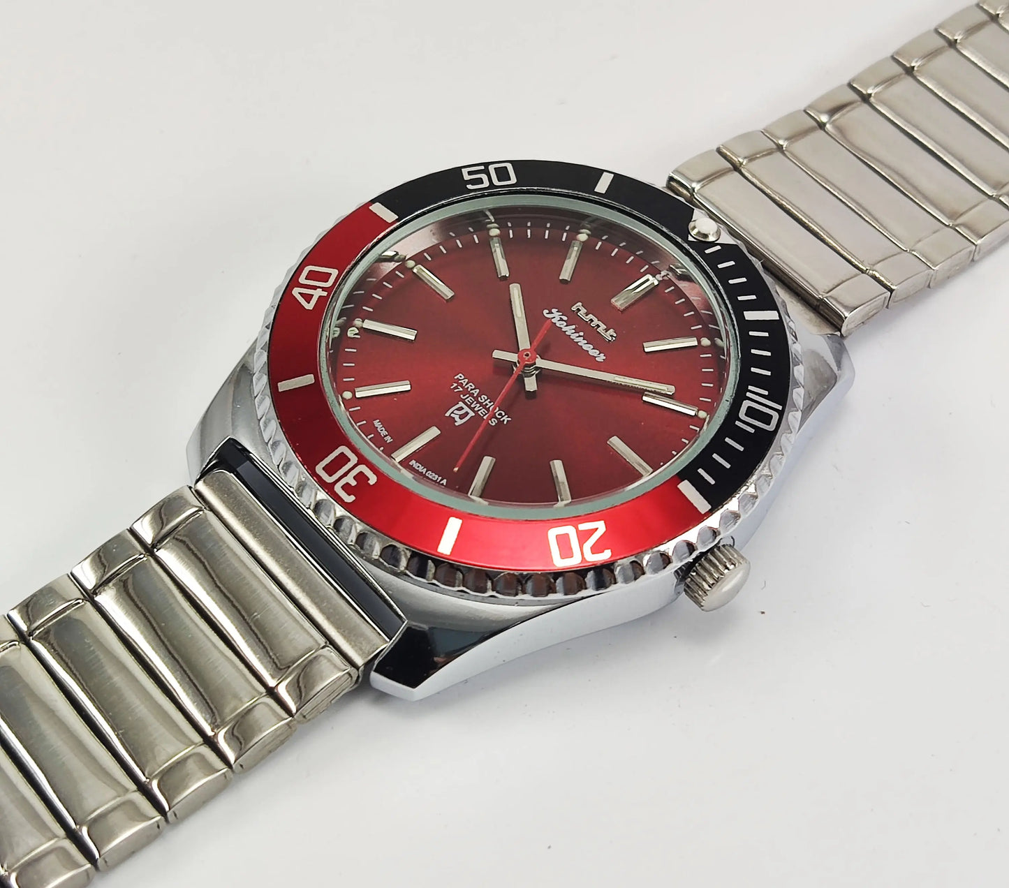 HMT Kohinoor Para Shock 17 Jewels Red Dial Transparent Back Mechanical Hand winding Men's Wrist Watch Discover-Diamonds