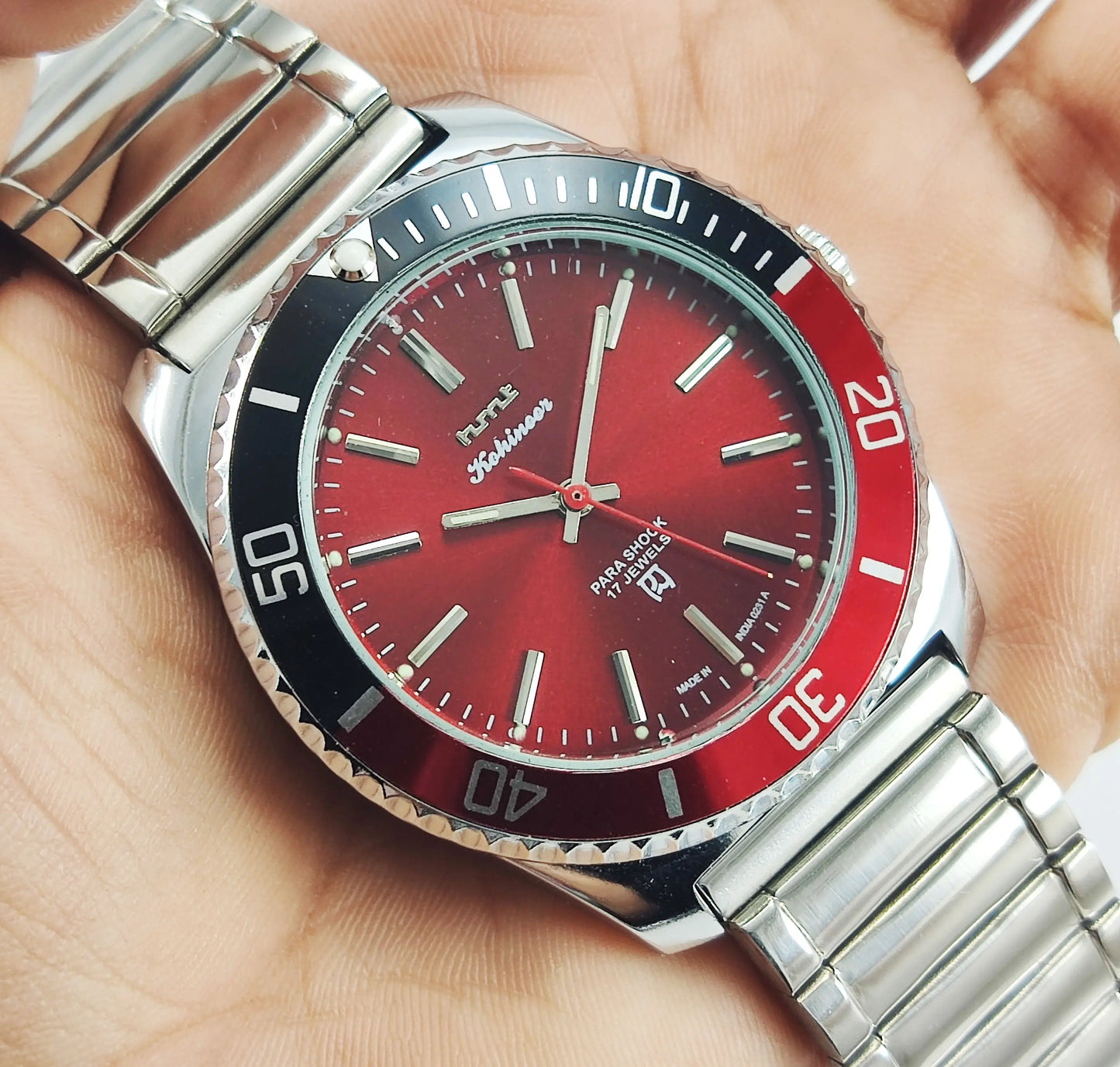 HMT Kohinoor Para Shock 17 Jewels Red Dial Transparent Back Mechanical Hand winding Men's Wrist Watch Discover-Diamonds