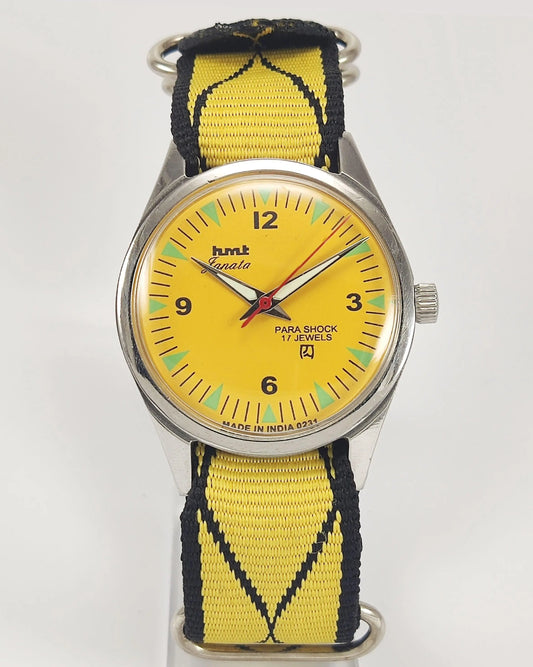 HMT Janata Para Shock 17 Jewels Sun Yellow Dial Radium Hands Mechanical Hand winding Men's Wrist Watch - Discover-Diamonds