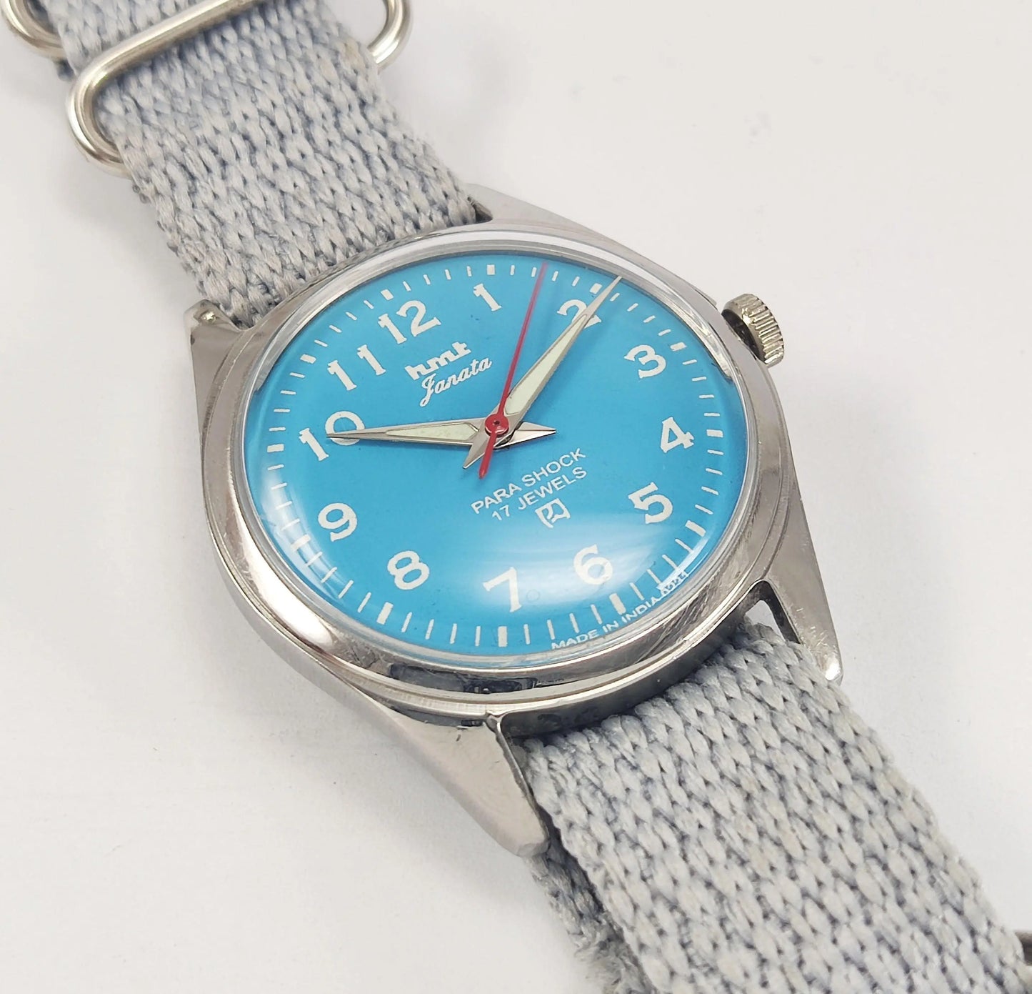 HMT Janata Para Shock 17 Jewels Sky Blue Dial Radium Hands Mechanical Hand winding Men's Wrist Watch - Discover-Diamonds