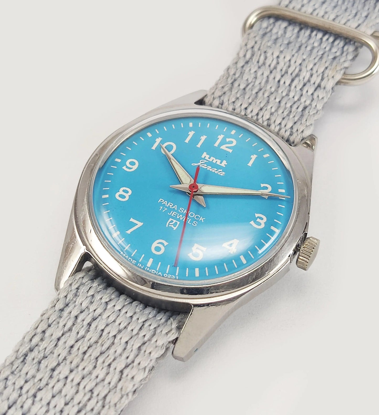 HMT Janata Para Shock 17 Jewels Sky Blue Dial Radium Hands Mechanical Hand winding Men's Wrist Watch - Discover-Diamonds