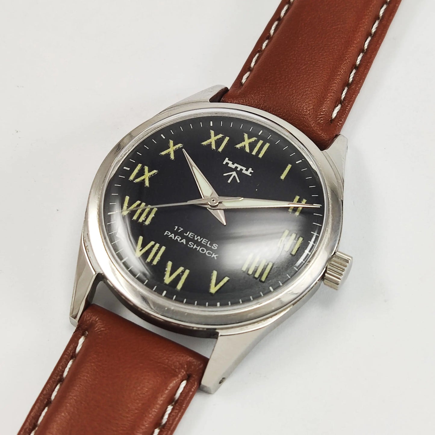 HMT Para Shock 17 Jewels Night Glow Black Dial Mechanical Hand winding Men's Wrist Watch Discover-Diamonds
