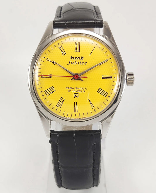 HMT Jubilee Para Shock 17 Jewels Yellow Dial Mechanical Hand winding Men's Wrist Watch Discover-Diamonds