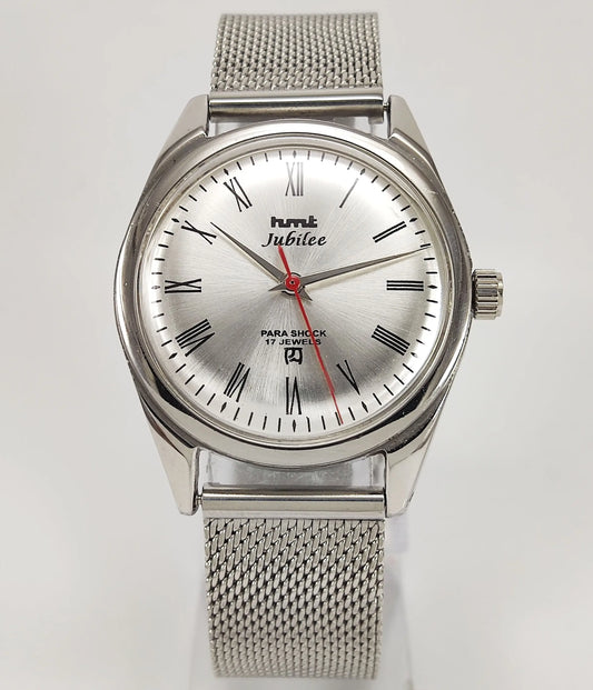 HMT Jubilee Para Shock 17 Jewels Silver Dial Mechanical Hand winding Men's Wrist Watch Discover-Diamonds