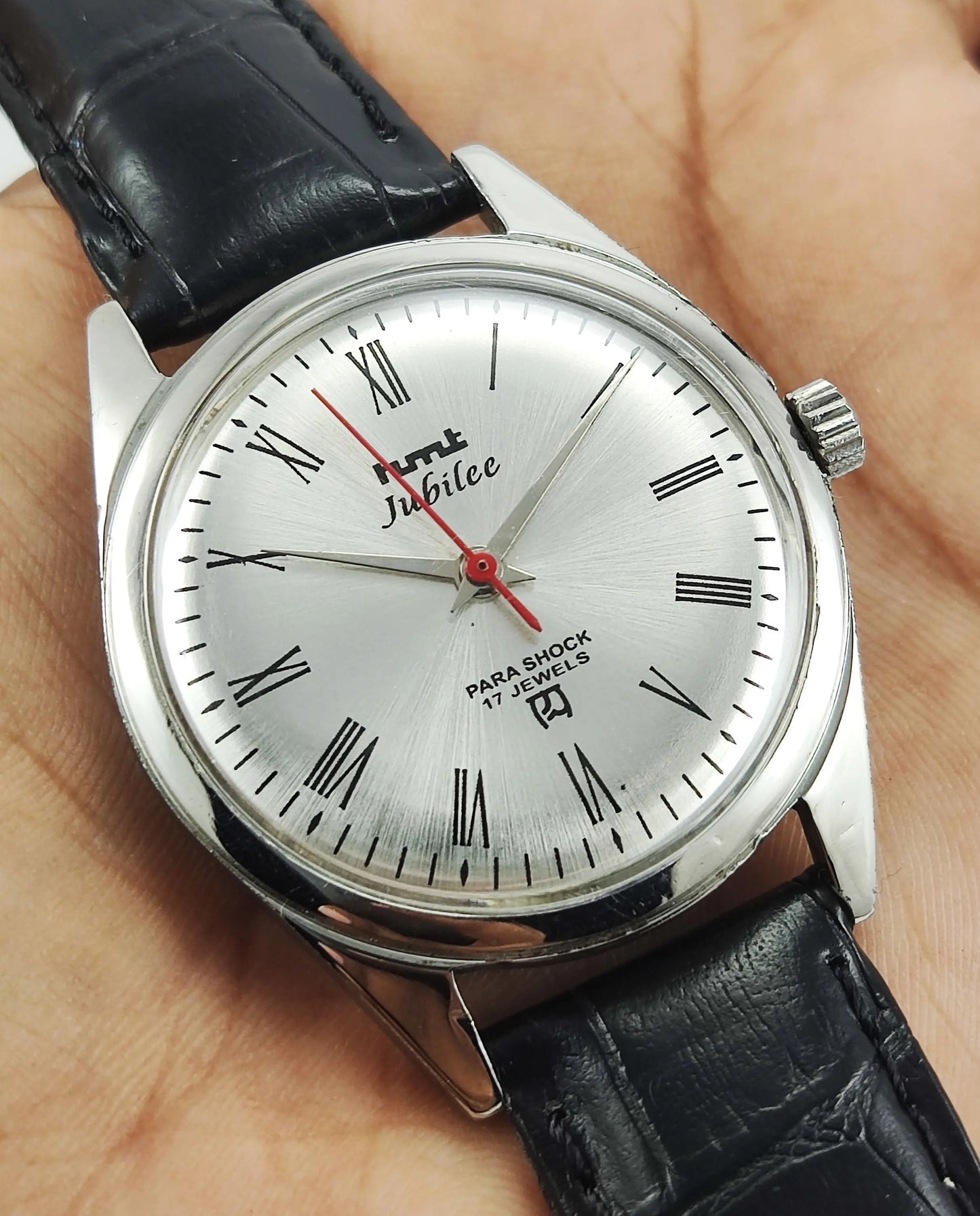 HMT Jubilee Para Shock 17 Jewels Silver Dial Mechanical Hand winding Men's Wrist Watch Discover-Diamonds