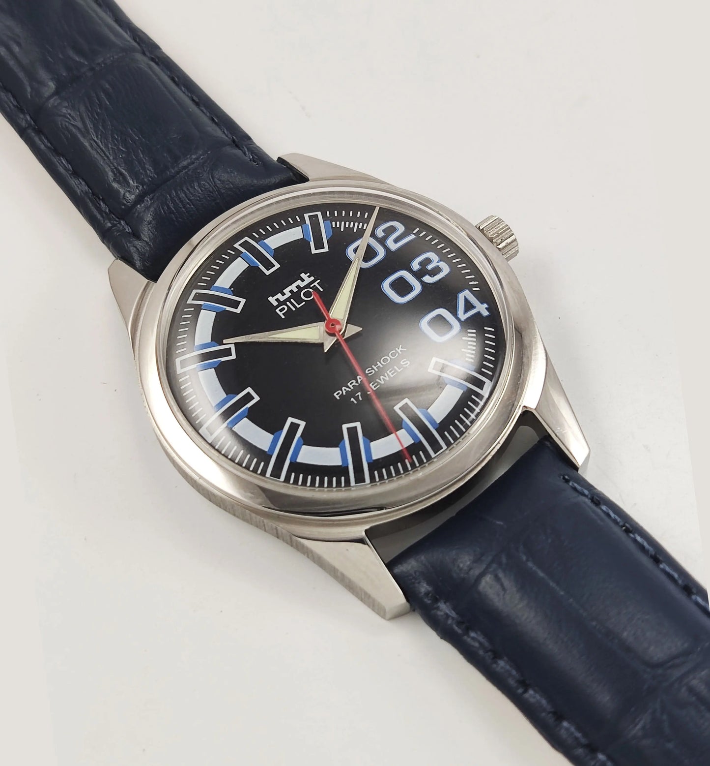 HMT Pilot Para Shock 17 Jewels Black Dial Radium Hands Transparent Back Mechanical Hand winding Men's Wrist Watch Discover-Diamonds