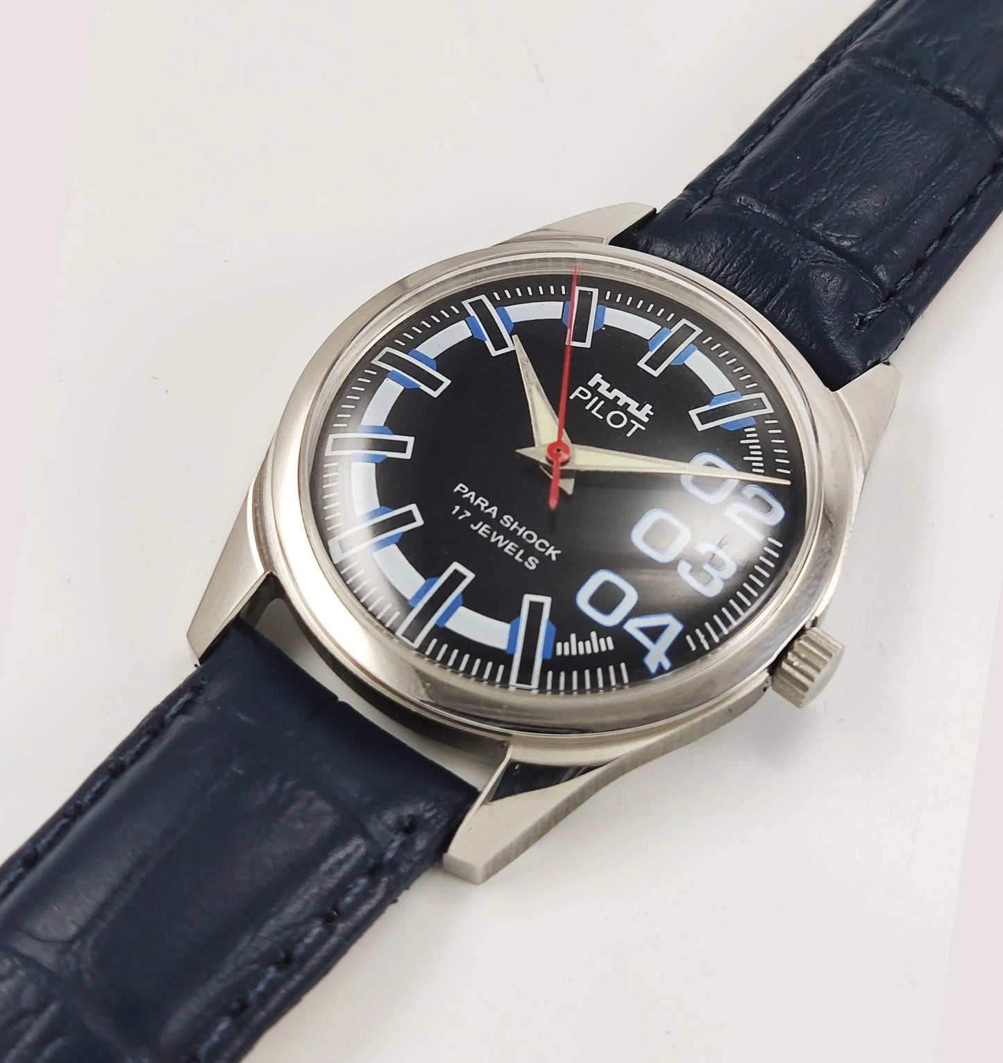 HMT Pilot Para Shock 17 Jewels Black Dial Radium Hands Transparent Back Mechanical Hand winding Men's Wrist Watch Discover-Diamonds