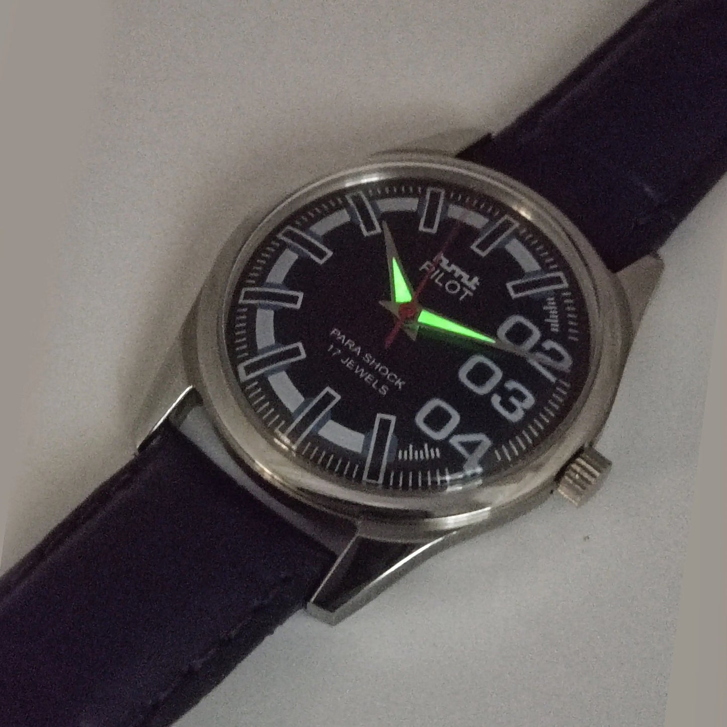 HMT Pilot Para Shock 17 Jewels Black Dial Radium Hands Transparent Back Mechanical Hand winding Men's Wrist Watch Discover-Diamonds