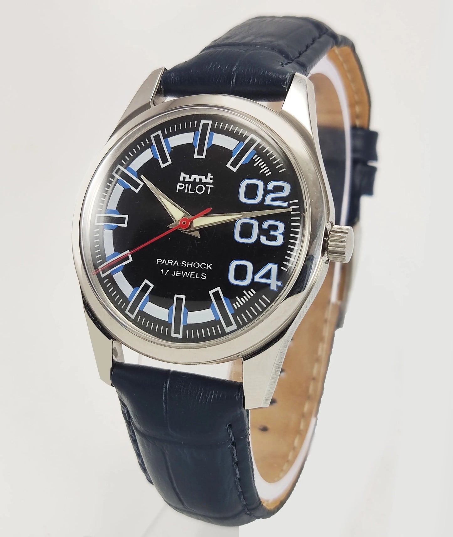 HMT Pilot Para Shock 17 Jewels Black Dial Radium Hands Transparent Back Mechanical Hand winding Men's Wrist Watch Discover-Diamonds
