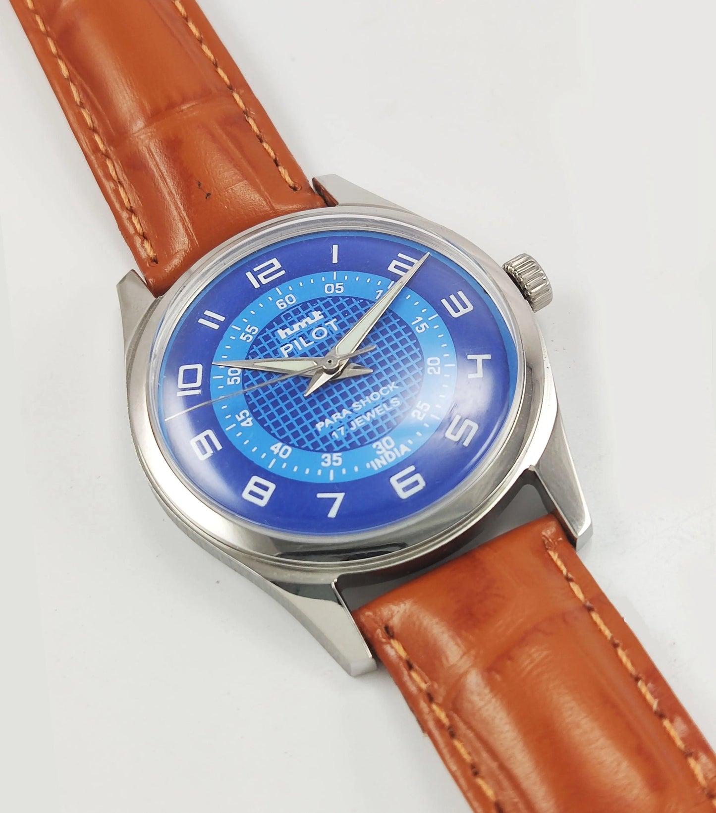 HMT Pilot Para Shock 17 Jewels Blue Dial Transparent Back Mechanical Hand winding Men's Wrist Watch - Discover-Diamonds