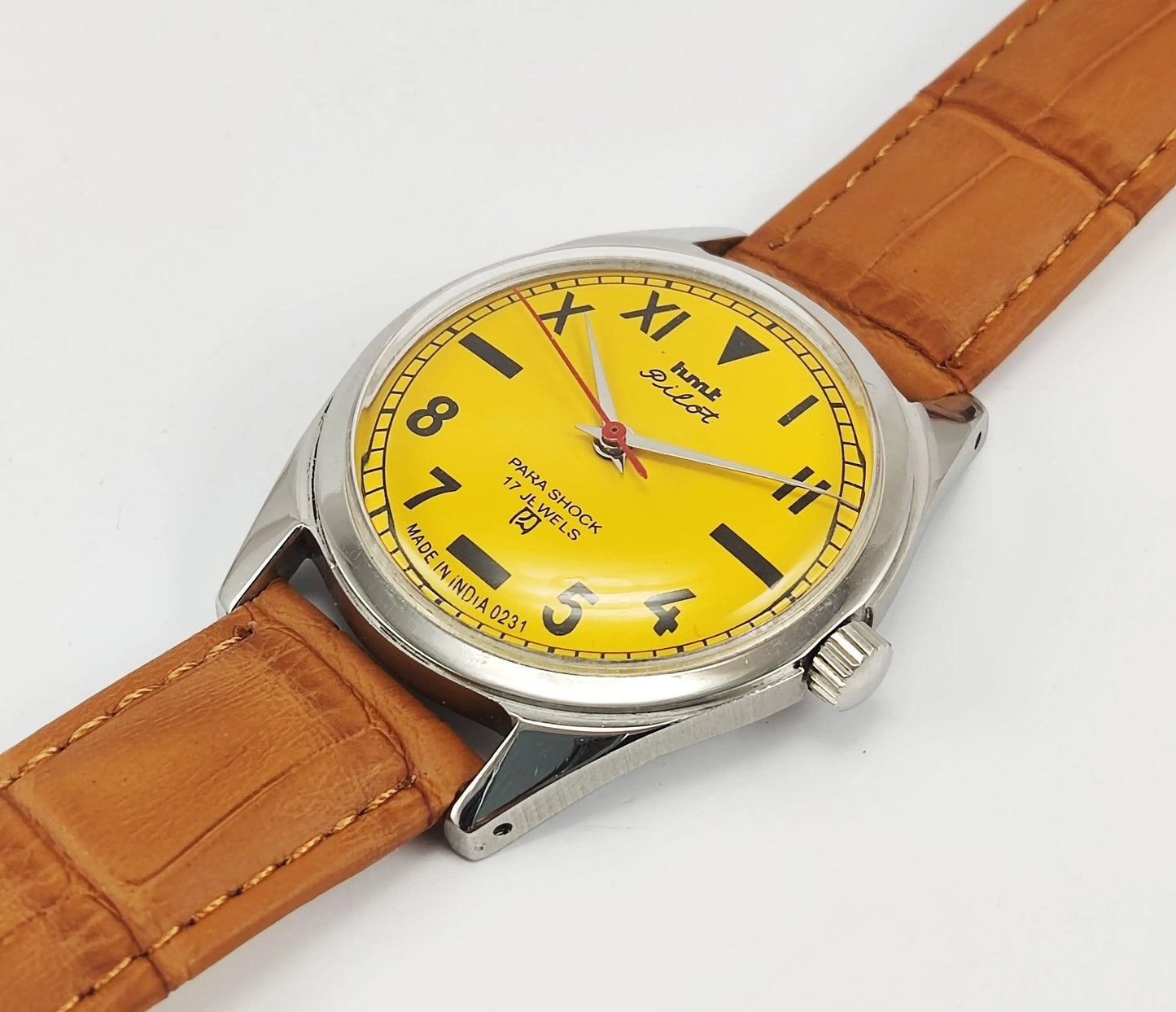 HMT Pilot Para Shock 17 Jewels Sun Yellow Dial Mechanical Hand winding Men's Wrist Watch - Discover-Diamonds