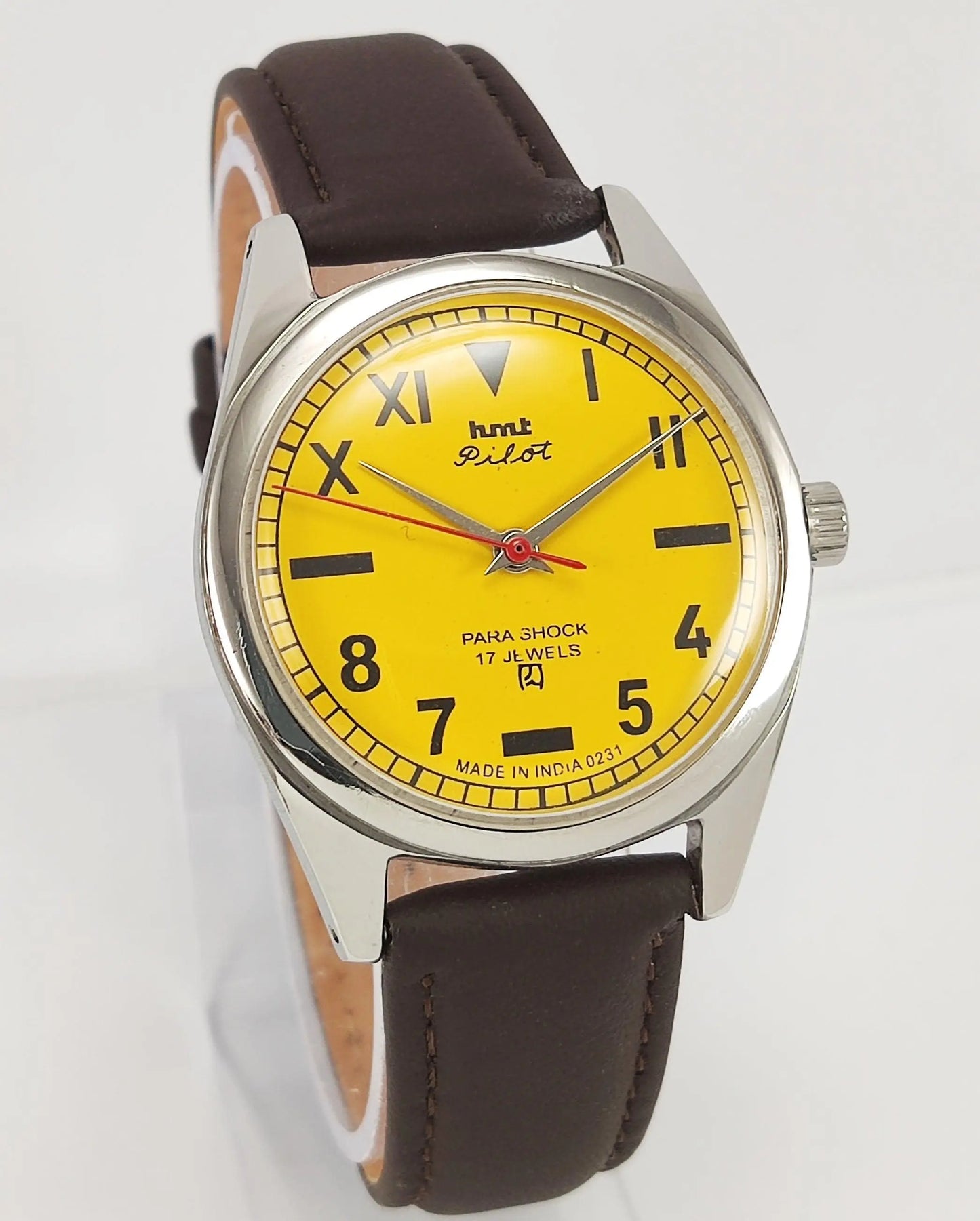 HMT Pilot Para Shock 17 Jewels Sun Yellow Dial Mechanical Hand winding Men's Wrist Watch 0231 - Discover-Diamonds