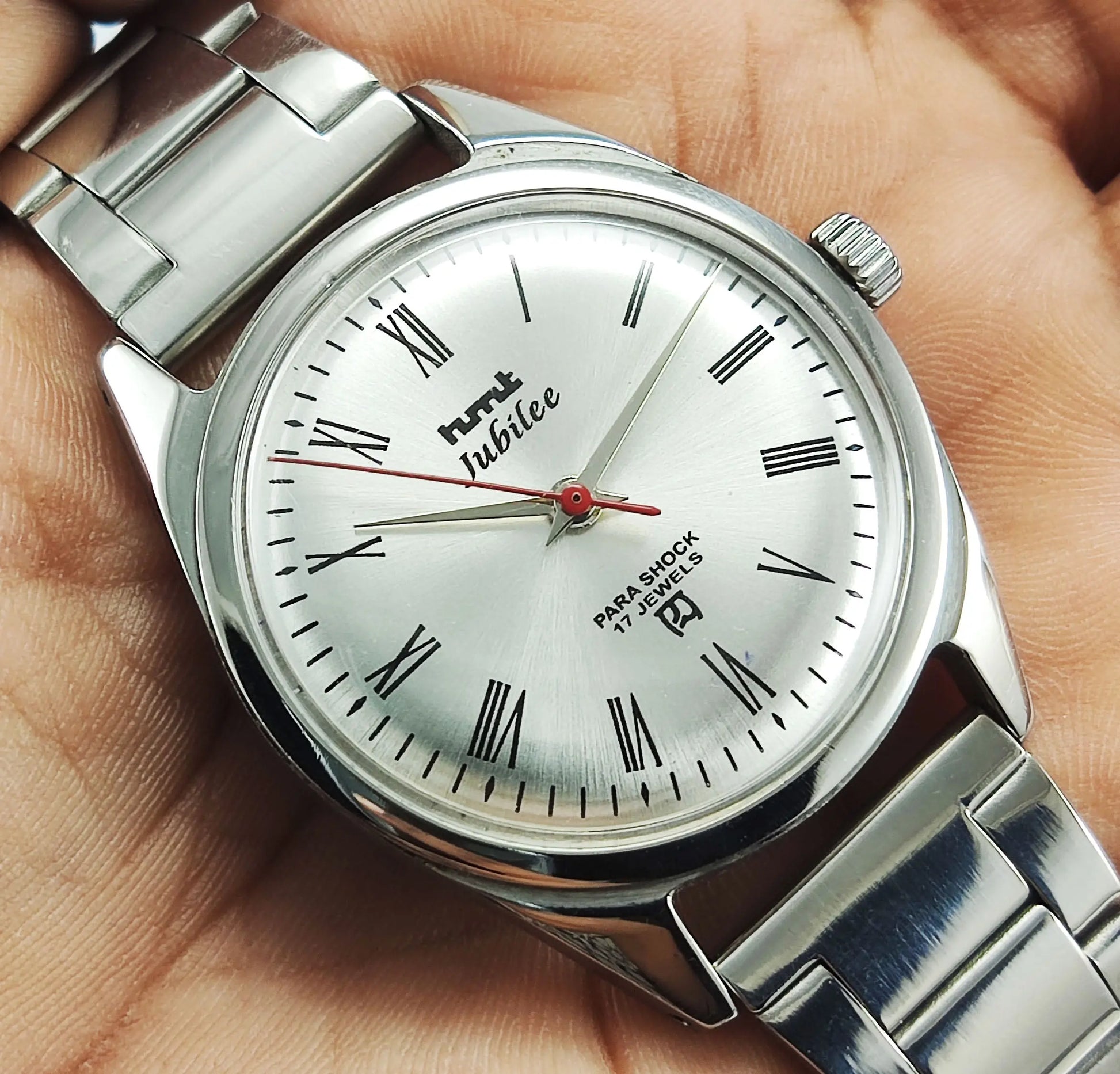 HMTJubilee Para Shock 17 Jewels Silver Dial Mechanical Hand winding Men's Wrist Watch Discover-Diamonds