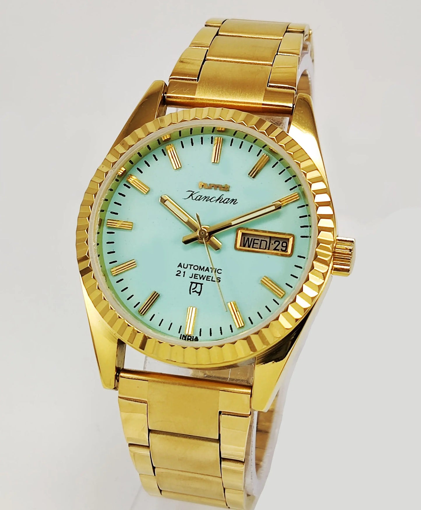 HMT Kanchan Para Shock 21 Jewels Pista Green Dial Day Date Function Mechanical Automatic Men's Wrist Watch Discover-Diamonds