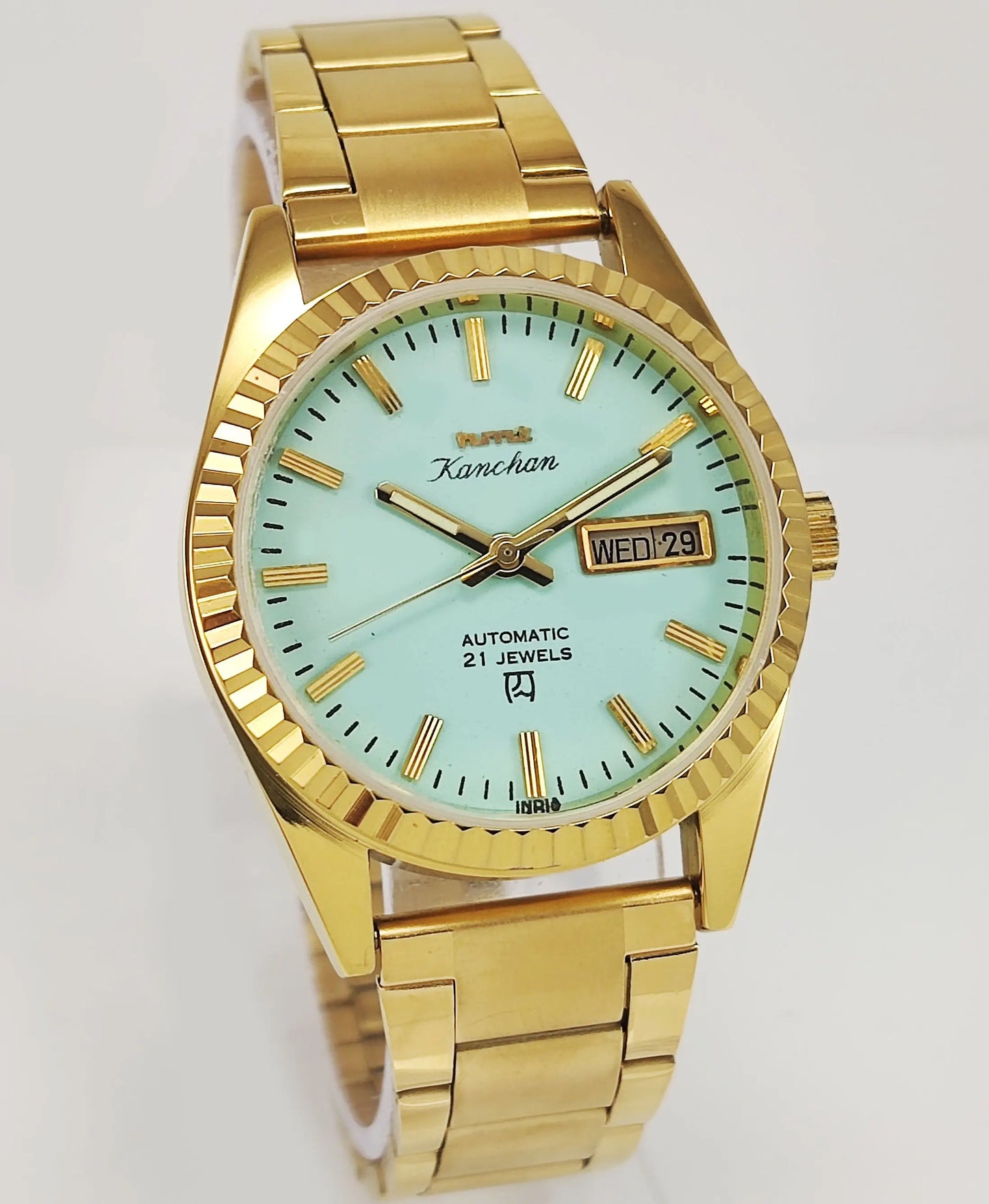 HMT Kanchan Para Shock 21 Jewels Pista Green Dial Day Date Function Mechanical Automatic Men's Wrist Watch Discover-Diamonds
