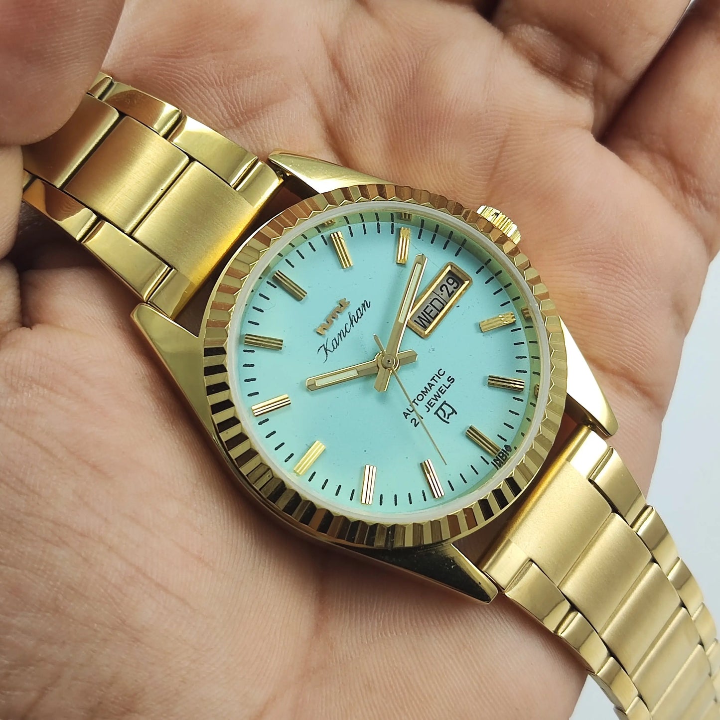 HMT Kanchan Para Shock 21 Jewels Pista Green Dial Day Date Function Mechanical Automatic Men's Wrist Watch Discover-Diamonds