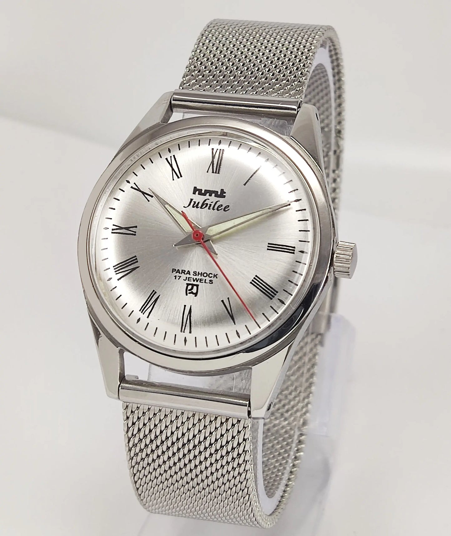 HMT Jubilee Para Shock 17 Jewels Silver Dial Mechanical Hand winding Men's Wrist Watch Discover-Diamonds