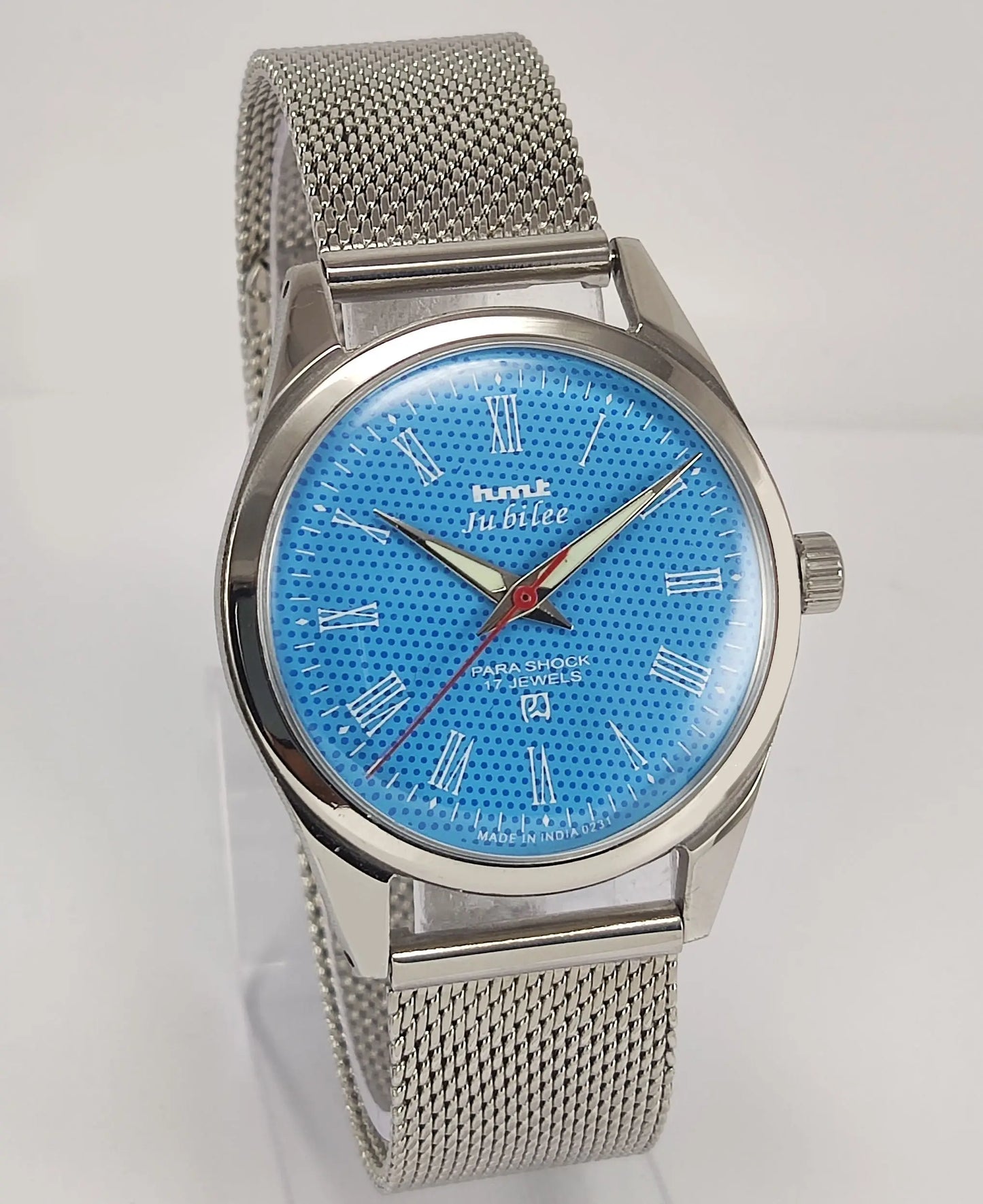 HMT Jubilee Para Shock 17 Jewels Sky Blue Dial Radium Hands Mechanical Hand winding Men's Wrist Watch Discover-Diamonds