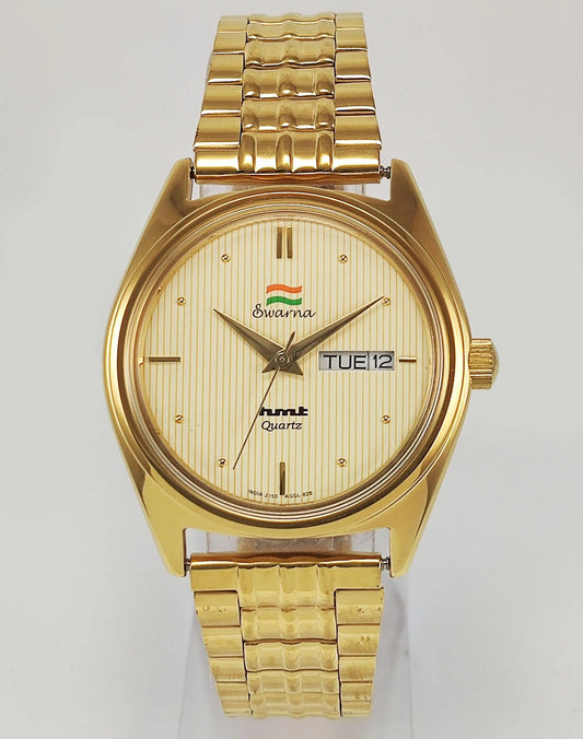 HMT Swarna Quartz Cream Color Dial Day Date Function Wrist Watch - Discover-Diamonds