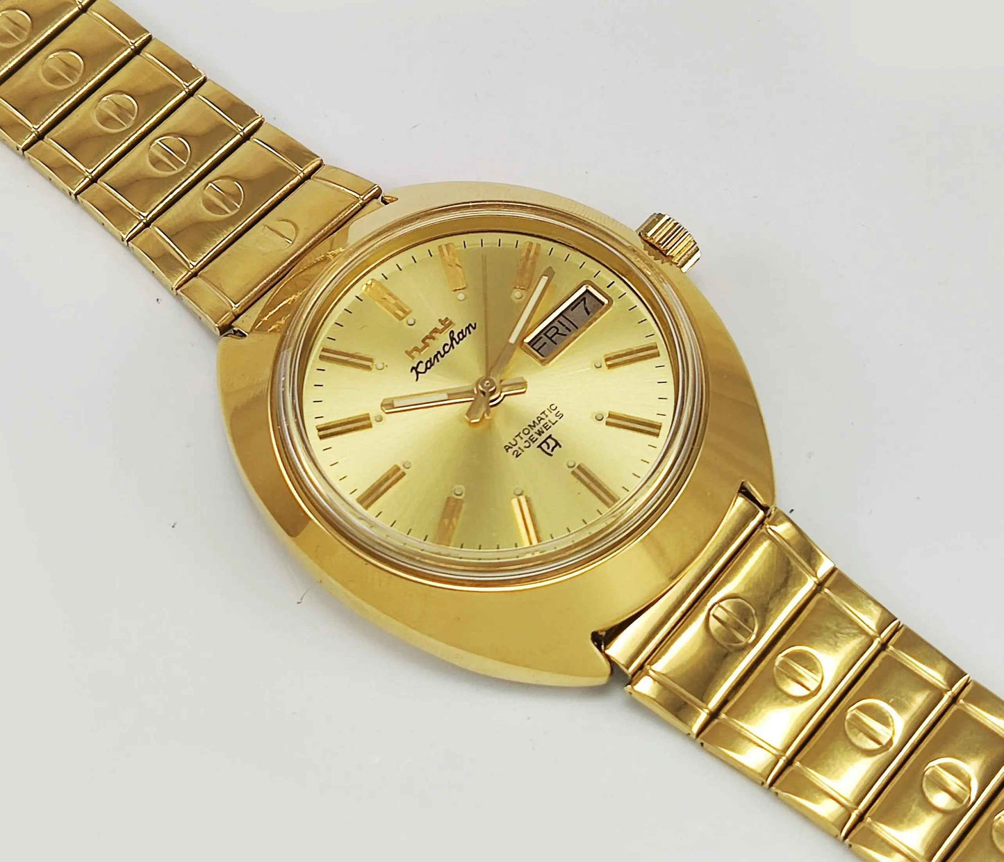 HMT Kanchan Para Shock 21 Jewels Golden Dial Day Date Function Mechanical Automatic Men's Wrist Watch