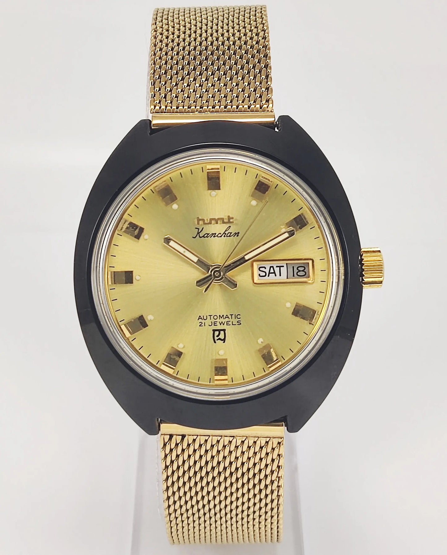HMT Kanchan Para Shock 21 Jewels Golden Dial Day Date Function Mechanical Automatic Men's Wrist Watch Discover-Diamonds