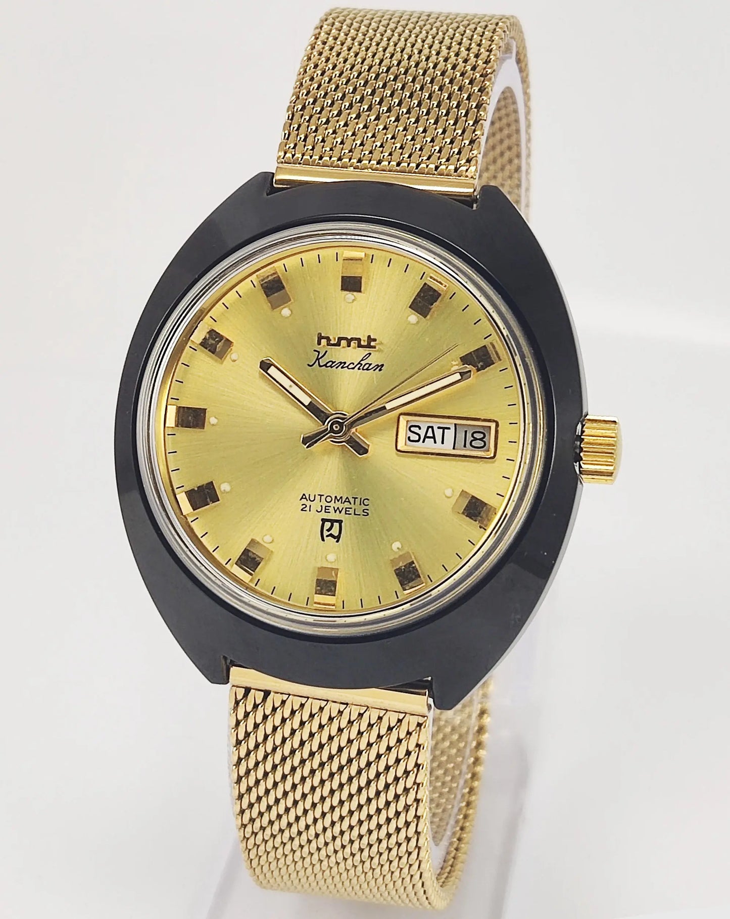 HMT Kanchan Para Shock 21 Jewels Golden Dial Day Date Function Mechanical Automatic Men's Wrist Watch Discover-Diamonds