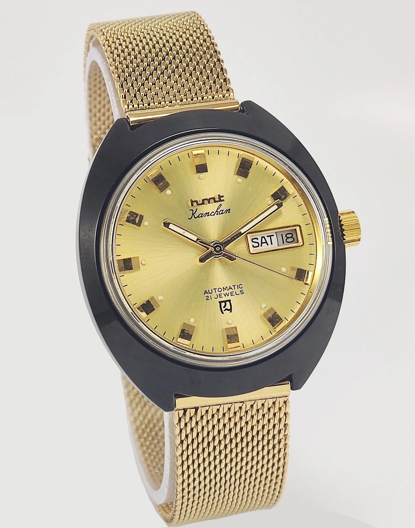HMT Kanchan Para Shock 21 Jewels Golden Dial Day Date Function Mechanical Automatic Men's Wrist Watch Discover-Diamonds