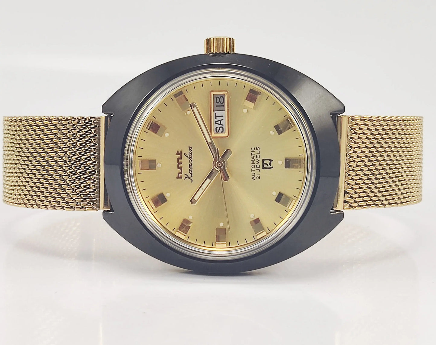 HMT Kanchan Para Shock 21 Jewels Golden Dial Day Date Function Mechanical Automatic Men's Wrist Watch Discover-Diamonds