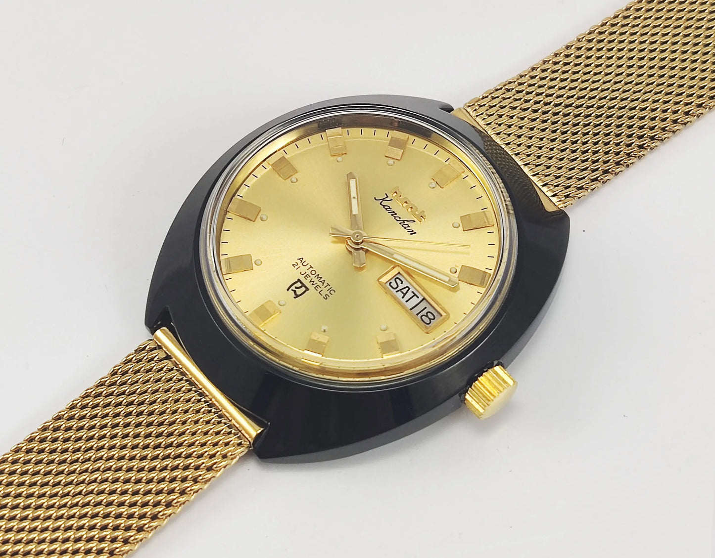 HMT Kanchan Para Shock 21 Jewels Golden Dial Day Date Function Mechanical Automatic Men's Wrist Watch Discover-Diamonds