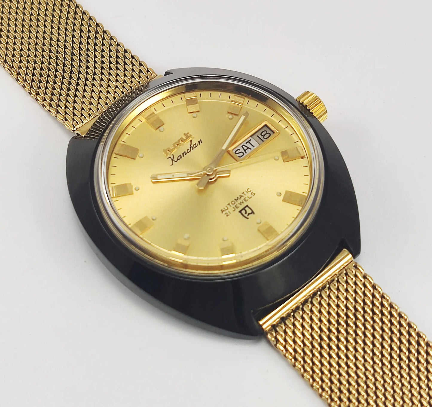 HMT Kanchan Para Shock 21 Jewels Golden Dial Day Date Function Mechanical Automatic Men's Wrist Watch Discover-Diamonds