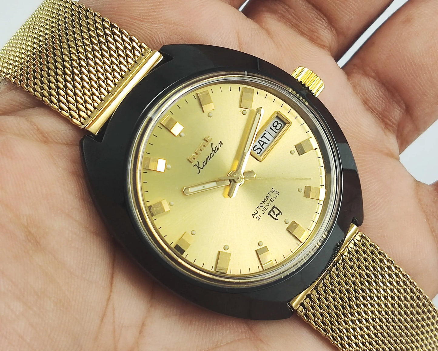 HMT Kanchan Para Shock 21 Jewels Golden Dial Day Date Function Mechanical Automatic Men's Wrist Watch Discover-Diamonds