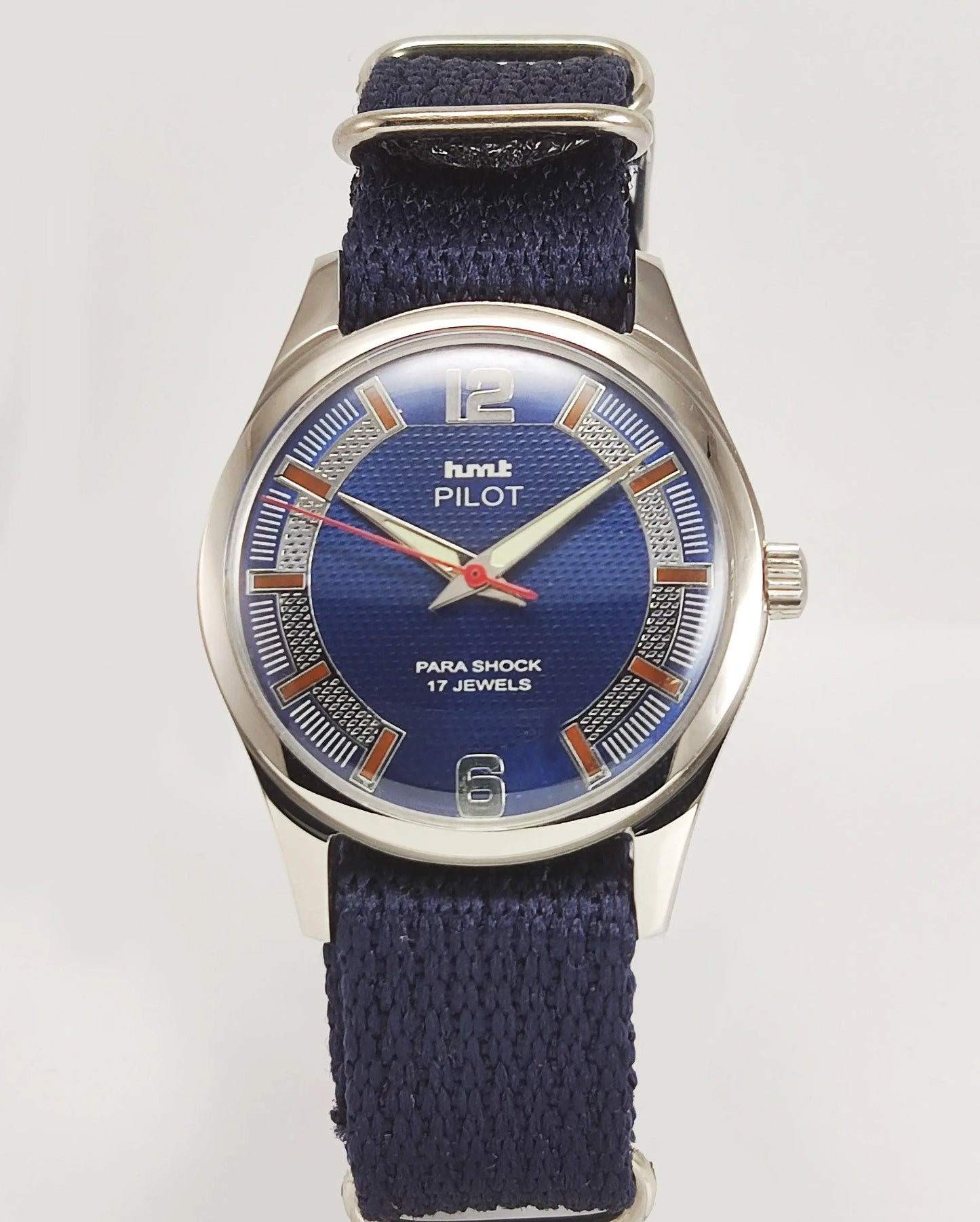 HMT Pilot Para Shock 17 Jewels Blue Dial Transparent Back Mechanical Hand winding Men's Wrist Watch - Discover-Diamonds