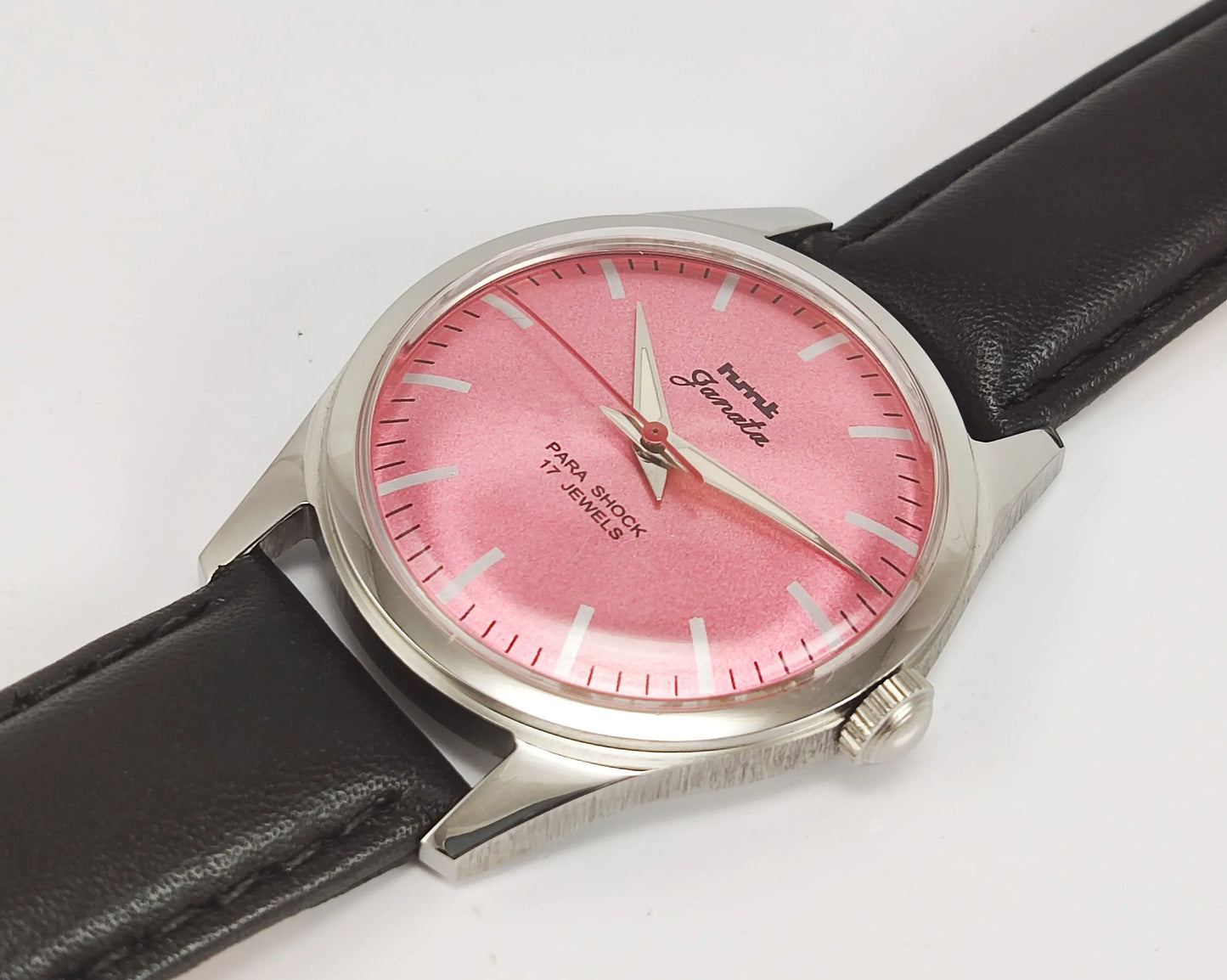 HMT Janata Para Shock 17 Jewels Pink Dial Transparent Back Mechanical Hand winding Men's Wrist Watch Discover-Diamonds