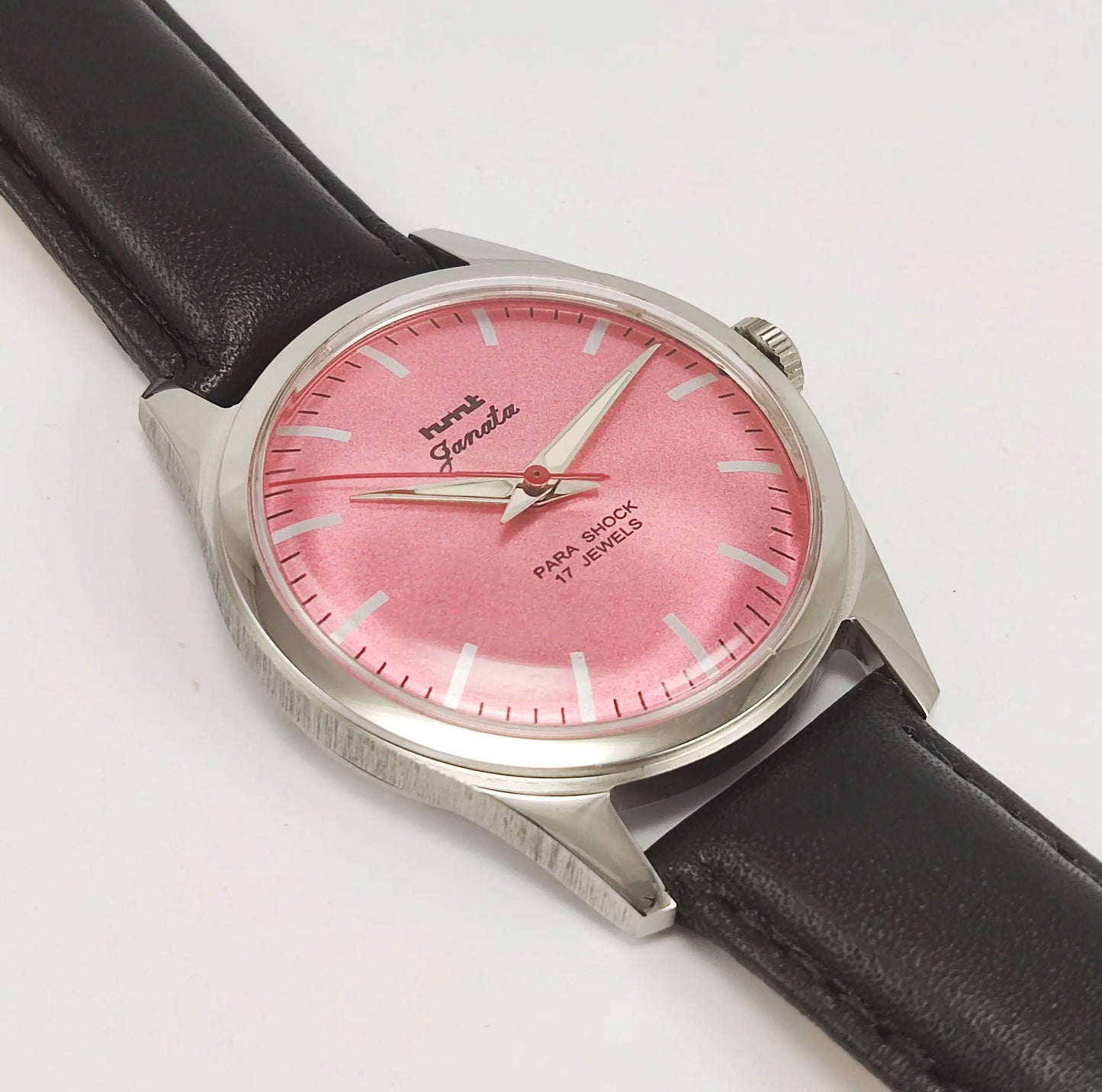HMT Janata Para Shock 17 Jewels Pink Dial Transparent Back Mechanical Hand winding Men's Wrist Watch Discover-Diamonds