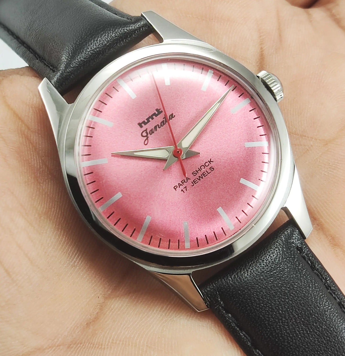 HMT Janata Para Shock 17 Jewels Pink Dial Transparent Back Mechanical Hand winding Men's Wrist Watch Discover-Diamonds