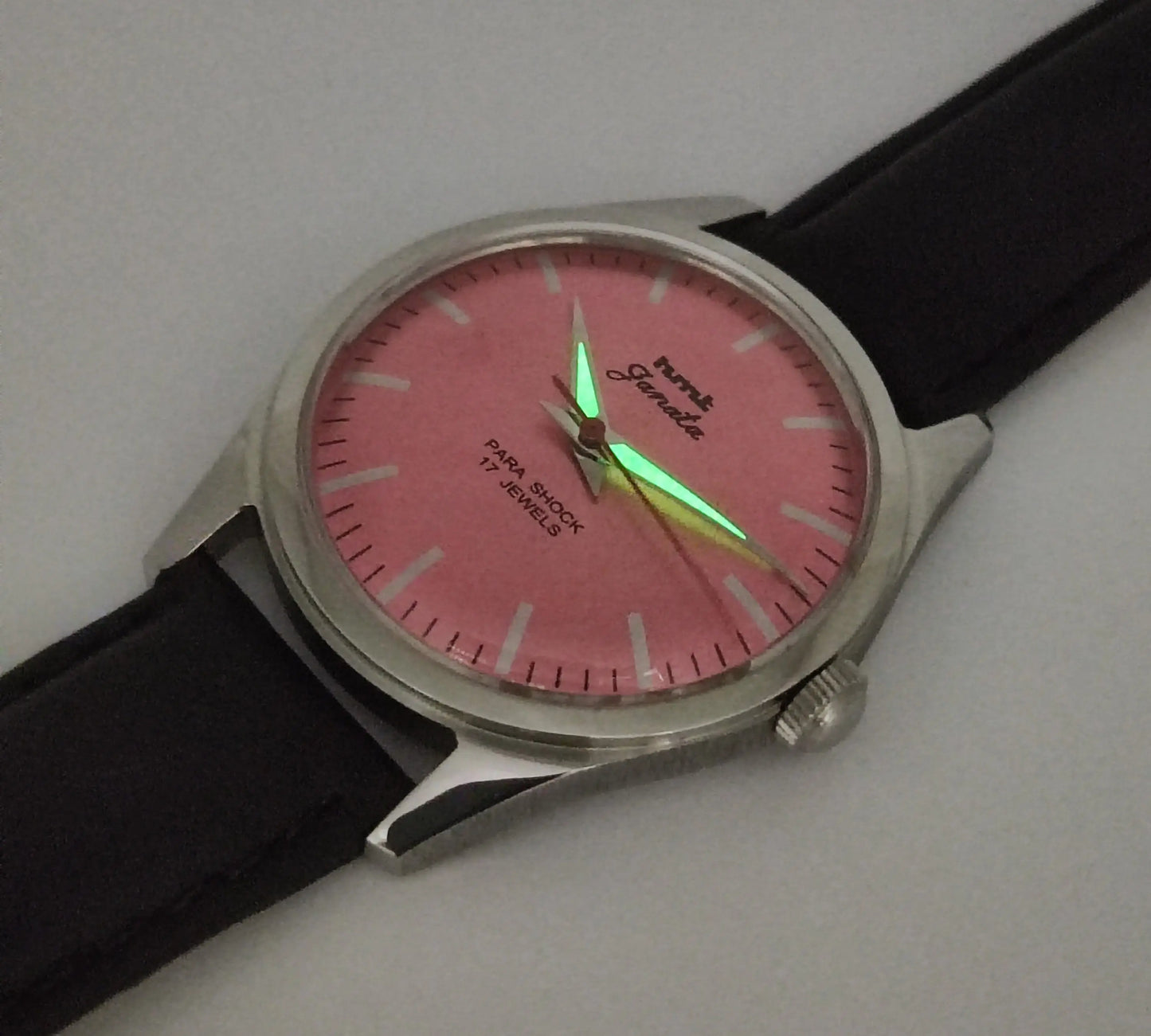 HMT Janata Para Shock 17 Jewels Pink Dial Transparent Back Mechanical Hand winding Men's Wrist Watch Discover-Diamonds