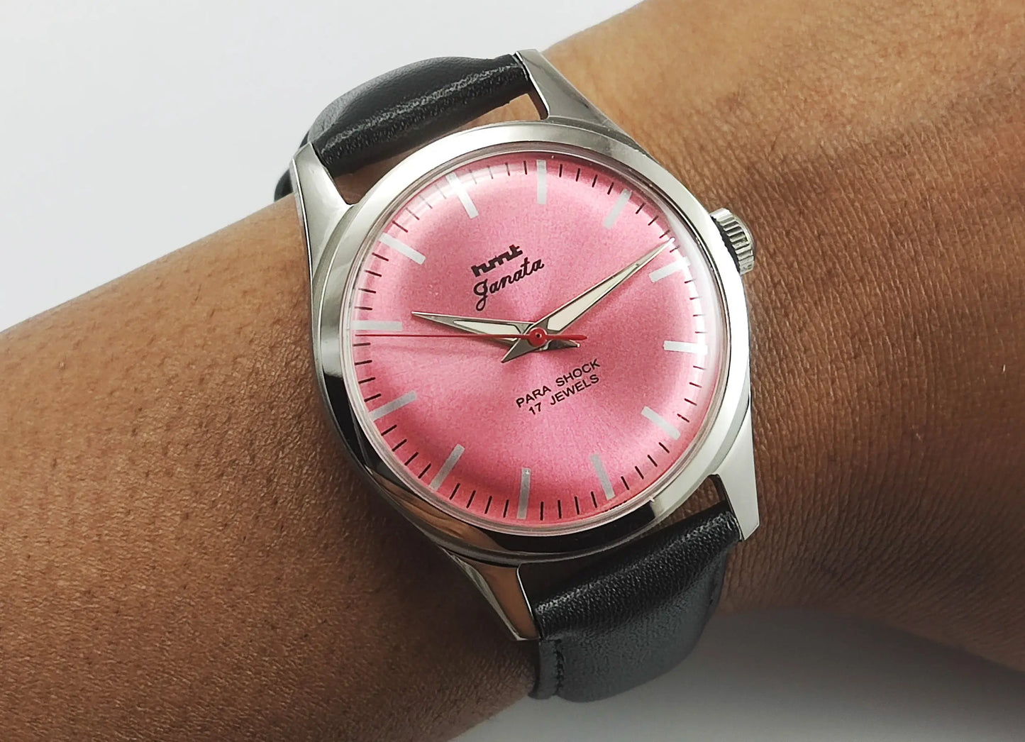 HMT Janata Para Shock 17 Jewels Pink Dial Transparent Back Mechanical Hand winding Men's Wrist Watch Discover-Diamonds