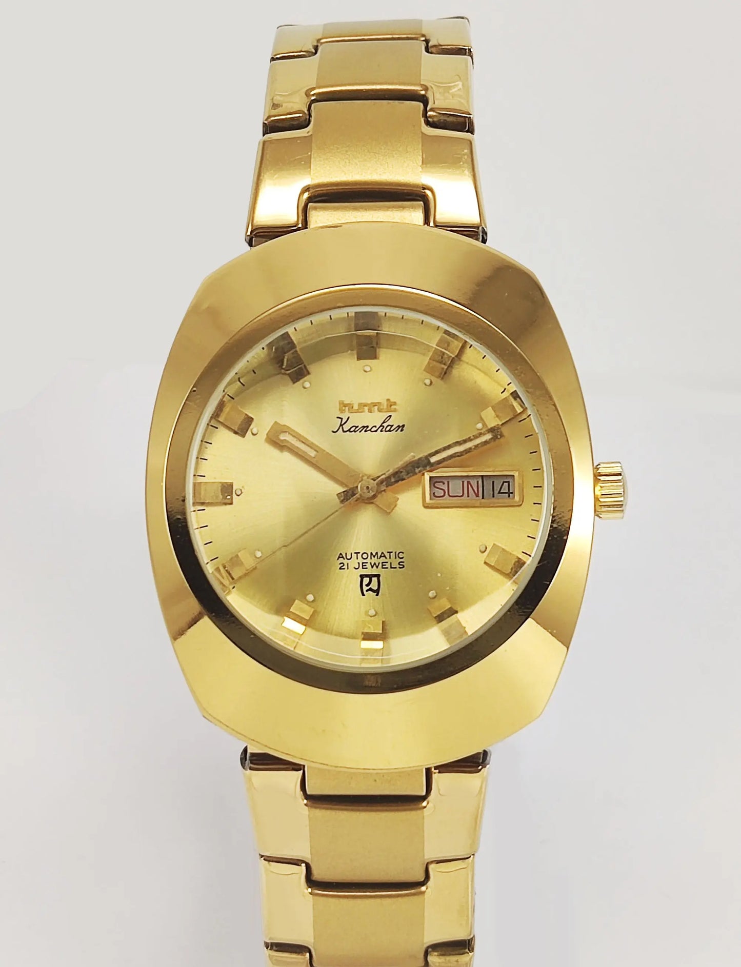 HMT Kanchan Para Shock 21 Jewels Golden Dial Day Date Function Mechanical Automatic Men's Wrist Watch Discover-Diamonds