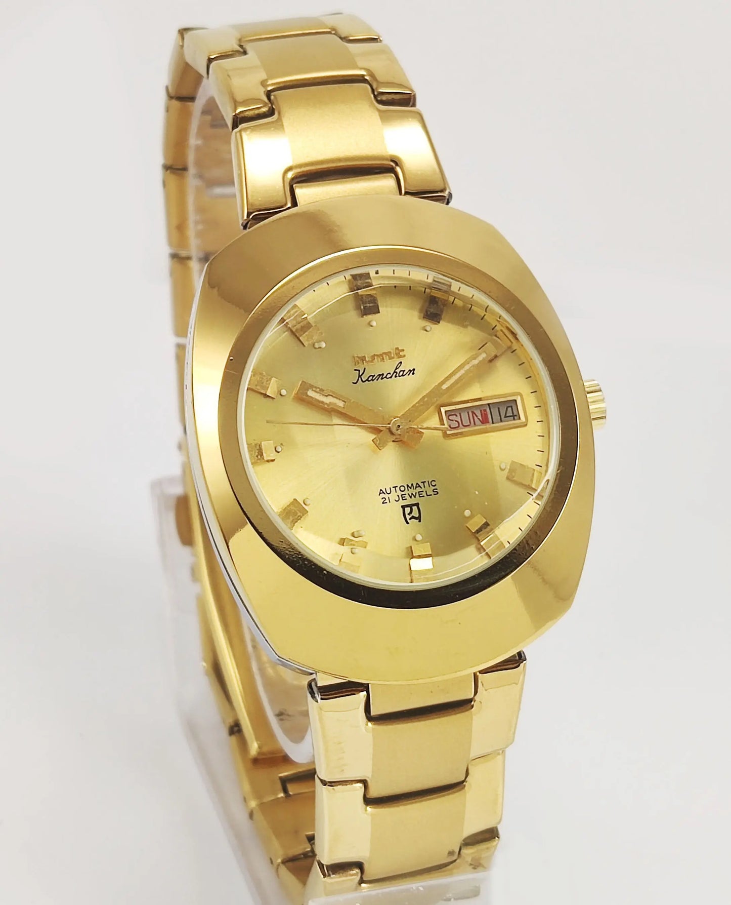 HMT Kanchan Para Shock 21 Jewels Golden Dial Day Date Function Mechanical Automatic Men's Wrist Watch Discover-Diamonds