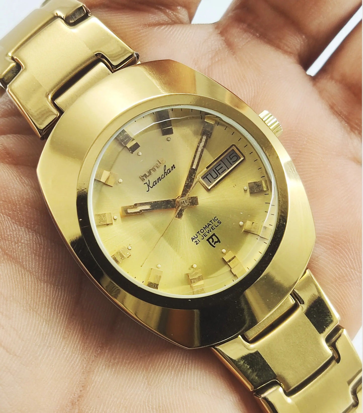 HMT Kanchan Para Shock 21 Jewels Golden Dial Day Date Function Mechanical Automatic Men's Wrist Watch Discover-Diamonds