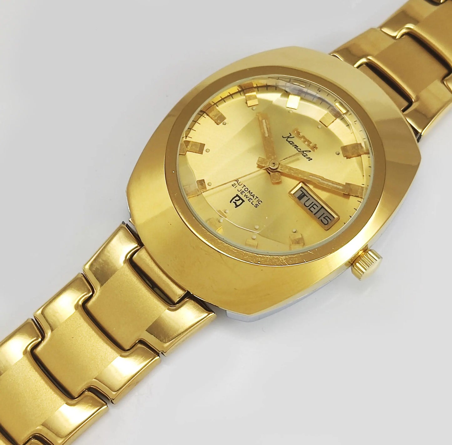 HMT Kanchan Para Shock 21 Jewels Golden Dial Day Date Function Mechanical Automatic Men's Wrist Watch Discover-Diamonds