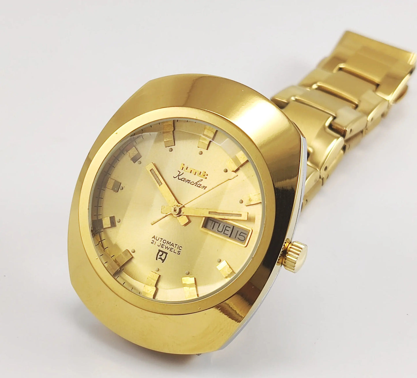 HMT Kanchan Para Shock 21 Jewels Golden Dial Day Date Function Mechanical Automatic Men's Wrist Watch Discover-Diamonds